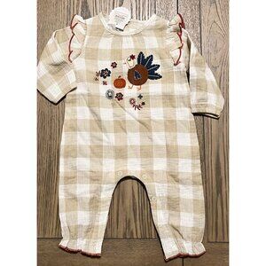 Mud Pie Thanksgiving turkey fall romper jumpsuit 6-9m NWT applique gingham
